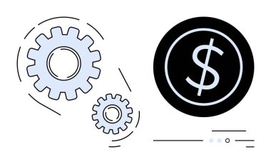 Bir dolar sembolüyle etkileşen iki vites, finansal süreçlerin ve sistemlerin entegrasyonuna işaret ediyor. İş stratejisi, mali planlama, yatırım, ekonomik büyüme ve verimlilik için ideal