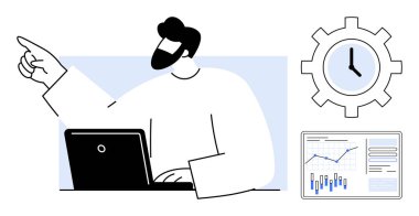 Adam dizüstü bilgisayarda çalışırken vites ve büyüme çizelgelerinin yanında yer alıyor. Üretkenlik, zaman yönetimi, iş büyümesi, analiz, ofis çalışması, proje planlaması, teknoloji için ideal. Çizgi