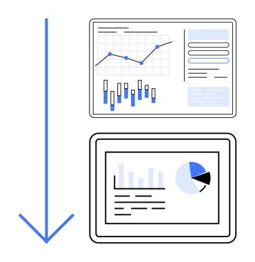 İki ekranda bar ve turta grafikleri de dahil olmak üzere çeşitli grafikler ve grafiklerle dolu bir iş paneli ve aşağıya bakan mavi bir ok. Finansal raporlar, veri görselleştirme, analitik için ideal