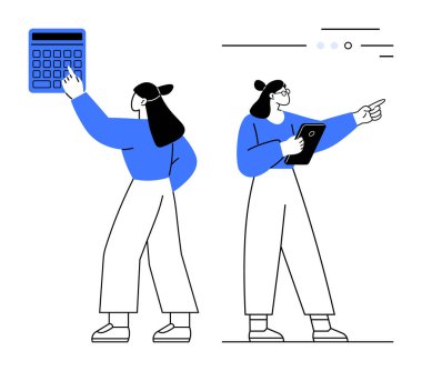 İki takım üyesi, biri büyük bir hesap makinesi, diğeri tablet tutuyor ve işaret ediyor. Takım çalışması, teknoloji, iş, veri analizi, mali planlama, eğitim materyali, ofis için ideal