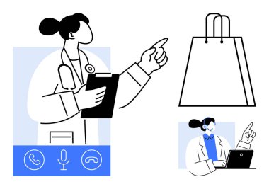 Sağlık bakımı uzmanı elinde bir pano, alışveriş çantasına bakıyor. Dipteki görüntü arayüzü, dizüstü bilgisayarlı profesyonel görüntünün daha küçük hali. Teletıp, online danışmanlık ve sağlık için ideal