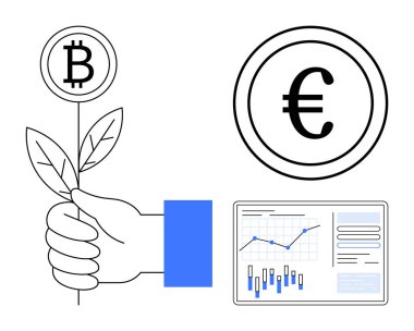 Büyümeyi sembolize eden Bitcoin bitkisi, para birimini sembolize eden Euro sembolü ve grafikleri gösteren analitik gösterge paneli. Finans, kripto para birimi, yatırım, büyüme, ekonomi ve iş için ideal