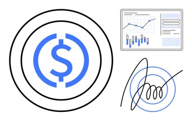 Ekonomik büyümeyi sembolize eden dairelerdeki dolar işareti, iş verileri için çizgi grafik ve bar grafiğiyle analitik çizelgesi, sözleşmeleri veya anlaşmaları temsil eden imza. Finansal planlama için ideal