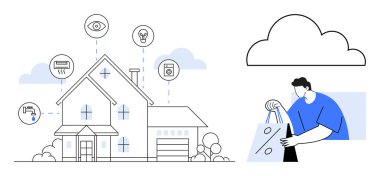 Buluta bağlı çeşitli aygıtlar için simgeleri olan akıllı bir ev. Kullanıcı verilerle etkileşime giriyor. Akıllı ev teknolojisi, IoT sistemleri, ev otomasyonu, güvenlik, enerji yönetimi, veri entegrasyonu için ideal