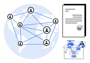 Birbirine bağlı düğümlere sahip dünya, imzalı dijital anlaşma ve çevrimiçi alışveriş yapan kullanıcılar. Küresel iletişim için ideal, dijital sözleşmeler, e-ticaret, uzaktan işbirliği, çevrimiçi