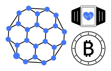 Bağlı düğümlere bağlı engelleme ağı yapısı, kripto para birimi, kalp ikonlu takılabilir kalp atış hızı monitörü. Fintech, kripto para birimi, sağlık teknolojisi, IOT, veri güvenliği, teknoloji için ideal