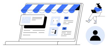 Laptop ekranında ürünler, indirim etiketleri ve el arabaları gibi alışveriş unsurlarıyla çevrimiçi bir mağaza var. Laptop kullanan biri yakınlarda oturuyor. E-ticaret için ideal, çevrimiçi alışveriş, dijital