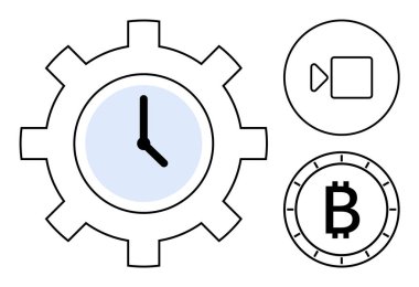 Video oynatma düğmesi ve Bitcoin simgesinin yanında vites biçimli saat. Teknoloji, zaman yönetimi, medya üretimi, kripto para birimi, dijital yenilik, finans hizmetleri için ideal