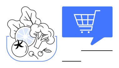 Taze sebzeler, yeşil yapraklar, domates, narenciye dilimi, brokoli ve mavi sohbet balonunda bir alışveriş arabasının yanında kirazlar. Çevrimiçi market ve sağlıklı yemek için ideal.