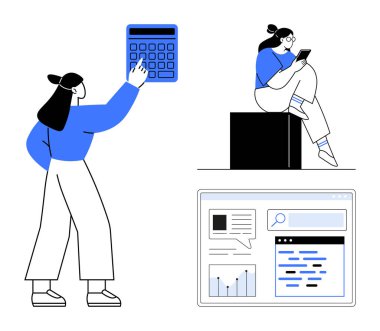 Biri hesap makinesi, diğeri de akıllı telefon kullanarak teknolojiyle etkileşime geçen iki kişi. Ekranda veri analizi ve grafiği var. İş, eğitim, teknoloji, analitik, üretkenlik için ideal