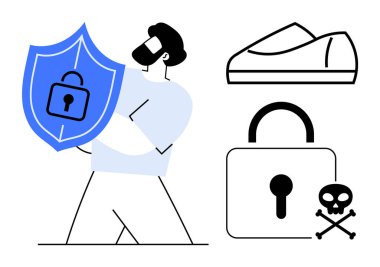 Elinde kilit, ayakkabı ikonu, kilit kilidi, kafatası ve çapraz kemik sembolü olan bir kalkan tutan adam. Siber güvenlik, çevrimiçi koruma, zararlı yazılım savunması, mahremiyet, erişim kontrolü, veri güvenliği için ideal