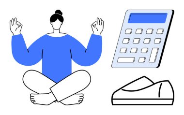 Oturduğu yerde meditasyon yapan bir kadın, hesap makinesi, iş-yaşam dengesini ve stres yönetimini temsil eden ayakkabılar. Sağlık, farkındalık, üretkenlik, finans, zaman yönetimi, stres için ideal