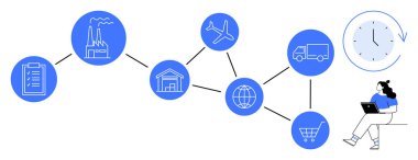 Pano, fabrika, depo, uçak, dünya, kamyon, alışveriş arabası, dizüstü bilgisayardaki kadın, saat. Lojistik, tedarik zinciri, üretim, envanter, dağıtım, e-ticaret ve iş planlaması için ideal