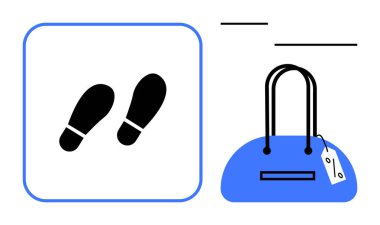 Meydanın içinde, üzerinde fiyat etiketi olan mavi bir el çantasının yanında ayak izleri var. Seyahat, alışveriş, moda, perakende, satış, navigasyon, yaşam tarzı için ideal. Satır metaforu