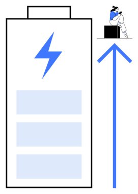 Yıldırımlı büyük bir pil ve üç şarj çubuğu yukarı bakan mavi ok ve siyah bir küp üzerinde tablet kullanan biri. Teknoloji, enerji, üretkenlik, yenilik ve ilerleme için ideal