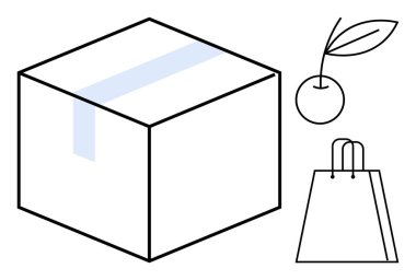 Kasetle teslimat kutusu, yaprakla kiraz ve basit sanat eserleriyle alışveriş torbası. E-ticaret, dağıtım hizmetleri, meyve, alışveriş, perakende satış temaları için idealdir. Satır metaforu