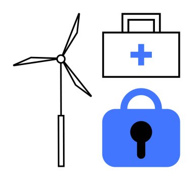 Siyah ve mavi yel değirmeni türbini, haçlı ilk yardım çantası ve asma kilit sembolü. Yenilenebilir enerji, tıbbi yardım, güvenlik, güvenlik ve sağlık konuları için ideal. Temiz modern vektör biçimi