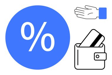 Çemberin içinde mavi yüzde işareti, içinde kredi kartı olan cüzdan ve bir el simgesi. Bankacılık, finans, indirim, alışveriş, ödeme metodları tasarruflar için ideal. Satır metaforu