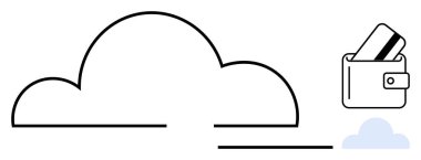 Yanında cüzdan ve kredi kartı olan bir bulut çizgisi. Finans, teknoloji, dijital ödeme, çevrimiçi güvenlik, veri depolama, bankacılık ve bulut hizmetleri için ideal. Satır metaforu