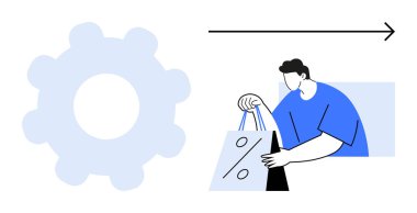 Elinde indirim tabelası olan mavi gömlekli bir adam. Sol tarafta büyük dişli sembolü, sağ üstte ok var. E-ticaret, indirim, pazarlama, perakende, alışveriş satışları için ideal