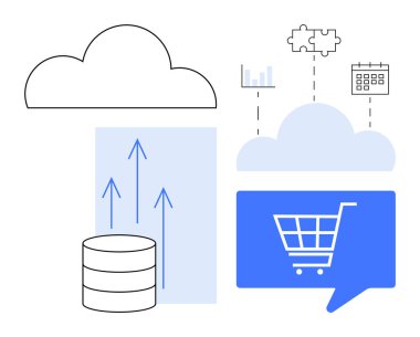 Bulut deposu alışveriş arabası, veri tabanı, analiz grafiği ve takvime bağlı. E-ticaret, bulut hesaplama, veri depolama, veri analizi, iş akışı yönetimi, dijital pazarlama için ideal