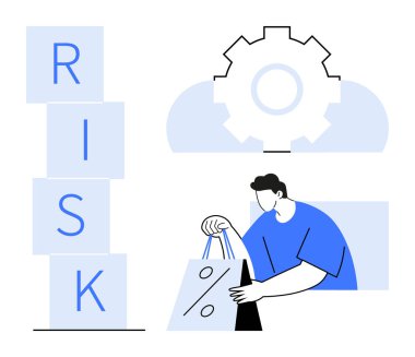 İş adamı, yüzde işaretli alışveriş poşetini istiflenmiş RISK blokları ve vites simgesinin yanına yerleştiriyor. İş stratejileri, mali analiz, karar verme, risk yönetimi, girişimcilik için ideal