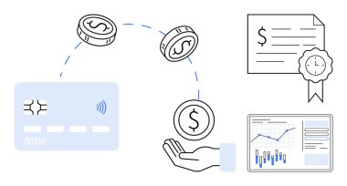 Kredi kartı, bozuk para, bozuk para yakalama, mali sertifika ve veri tablosu. Finans hizmetleri, bankacılık, yatırım, kişisel finans, fintech, çevrimiçi ödemeler ve veriler için ideal