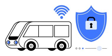 Kablosuz sinyal ikonuna ve asma kilitli güvenlik kalkanına sahip kamu otobüsü. Ulaşım, güvenlik, dijital güvenlik, toplu taşıma, teknoloji, akıllı şehirler, siber güvenlik için ideal. Satır metaforu
