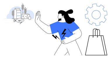 Mide rahatsızlığı çeken, balık, peynir ve sütü reddeden, vites ve bakkal çantasıyla birlikte. Sağlık, diyet, gıda atıkları, beslenme sağlık yaşam tarzı değişiklikleri için idealdir