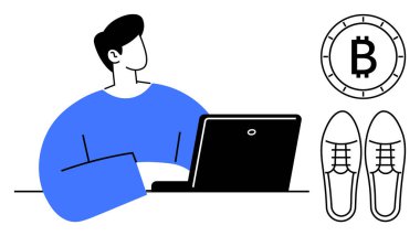 Dizüstü bilgisayar kullanan biri, sağ üst köşede Bitcoin sembolü, Bitcoin sembolünün altında ayakkabılar. Çevrimiçi finans, kripto para birimi, dijital çalışma, uzak işler, engelleme zinciri gibi konular için ideal