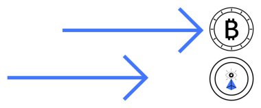 Kripto para birimi sembollerini gösteren mavi oklar Bitcoin ve dijital para hareketini vurgulayan akıllı sözleşme de dahil. Finansal teknoloji, engelleme zinciri eğitimi, kripto para piyasası için ideal