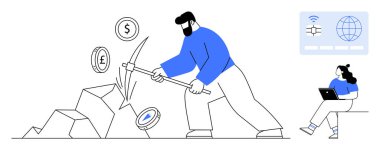 Adam kazmayla kripto para çıkartıyor, kayalardan madeni para çıkarıyor. Tabletteki verileri analiz eden ve arka planda küresel ağ sembolleri olan bir kadın. Fintech, engelleme zinciri, yatırım, dijital için ideal