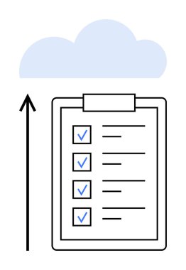 Yukarıya bakan ok işaretli pano bulutu işaret ediyor. Üretkenlik, verimlilik, organizasyon, teknoloji, bulut entegrasyonu, veri yönetimi, görev takibi için ideal. Satır metaforu