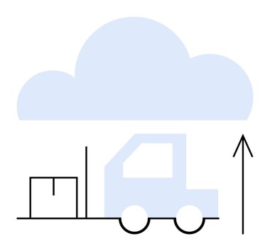 Forklift kamyonu, büyük bir bulutun altında, yukarı doğru yükselen ok ile çevrimiçi depolama ve büyümeyi simgeleyen bir kutu taşıyor. Bulut depolama, lojistik, tedarik zinciri, e-ticaret, çevrimiçi iş, veri için ideal