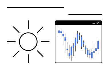 Sun icon beside a line graph displaying candle stick stock market data. Ideal for financial growth, investment updates, market trends, economic forecasts, business strategies, daily trading clipart