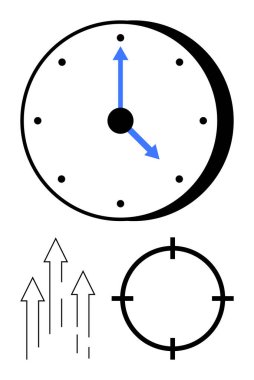 Clock with blue hands indicating time, black target with crosshair, and five arrows pointing upwards. Ideal for business goals, time management, planning, growth strategies, deadlines, accuracy clipart