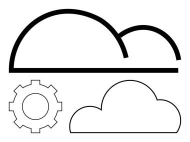 İki bulut ve bir vitesi tasvir eden üç siyah beyaz simge. Teknoloji, bulut hesaplama, veri işleme, ayarlar, yazılım, ağ ve sistem optimizasyon temaları için idealdir. Bağlantı çizgisi