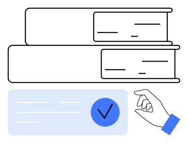 Doğrulama işareti ve belge simgesinin yanındaki kitaba el işareti. Eğitim, organizasyon, kütüphane, sertifika, okuma, araştırma, veri yönetimi için ideal. Satır metaforu