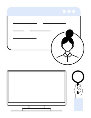 Web tarayıcı penceresi, metin, kadın profil fotoğrafı, bilgisayar monitörü ve el ele tutuşan büyüteç. İşe alım, çevrimiçi araştırma, kullanıcı profilleri, dijital kimlik, web geliştirme için ideal
