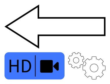 Sol taraftaki ok, mavi dikdörtgendeki HD video simgesi, iki vites göstergesi mekanizma. Eğitimler, ayarlar, video kalitesi, işleme, yön bulma teknisyenleri için ideal. Süreci temizle