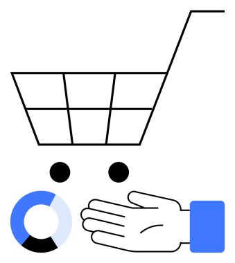 Alışveriş arabası, iki siyah nokta, pasta grafiği ve yardım eli. Ticaret, finans, alışveriş, piyasa analizi yatırımları ve veri görselleştirme temaları için idealdir. Satır metaforu