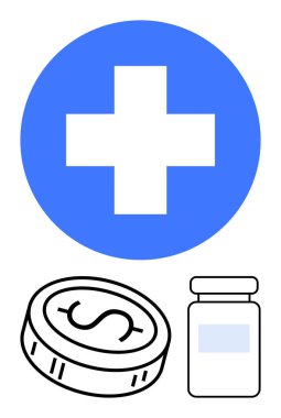Mavi çemberde tıbbi haç, bozuk para ve ilaç şişesi. Sağlık, finans, eczacılık, tıbbi harcamalar, sağlık sigortası bütçesi için ideal. Satır metaforu