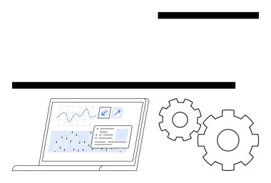 Laptop screen displaying line graphs and analytics, two gears representing process automation. Ideal for business analytics, performance tracking, workflow optimization, process improvement, data clipart