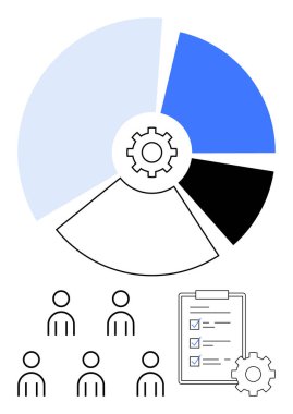 Vites simgesi grubuyla birlikte turta grafiği ve bir kontrol listesi. İş analizi için ideal, takım yönetimi, planlama, görev yönetimi, iş akışı optimizasyonu, stratejik planlama, verimlilik. Çizgi