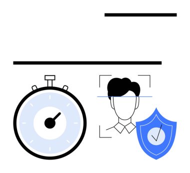 Zaman yönetimi için Stopwatch, yüz tanıma için tarama çizgileri ile vesikalık fotoğraf, veri güvenliği için kontrol işaretli kalkan. Teknoloji, güvenlik, yapay zeka, veri koruması, kimlik doğrulama için ideal