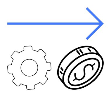Mavi ok sağı gösteriyor, siyah dişli sembolü ve dolar para simgesi. Finans, ekonomi, iş büyümesi, verimlilik, başarı yatırımı için idealdir. Satır metaforu