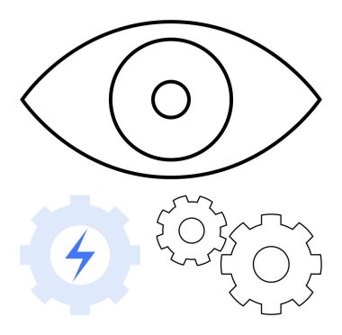 Birbirine kenetlenmiş üç vitesli büyük göz çizgisi, bir tanesinde yıldırım var. Görüş, yenilik, mekanik, enerji, teknoloji ve mühendislik otomasyonu için ideal. Satır metaforu