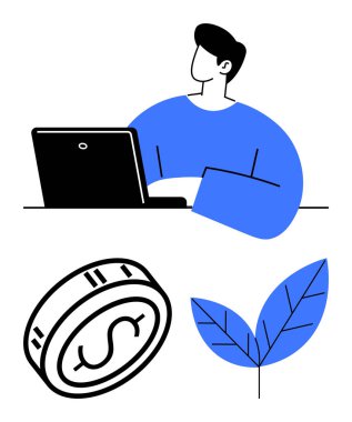 Yanında bozuk para ve yaprakla dizüstü bilgisayarda çalışan genç bir profesyonel. İş, finans, sürdürülebilirlik, uzaktan çalışma, çevre dostu uygulamalar, dijital yenilik, kişisel büyüme için idealdir. Satır metaforu