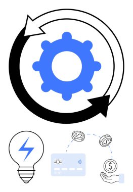 Devamlılığı simgeleyen dönen oklarla donatılmış vites yıldırımlı ampul, kredi kartı, para değişimi. İş, finans, yenilik, teknoloji, iş akışı için ideal