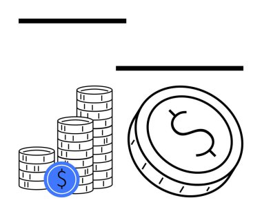 Bozuk para yığınları boyunu soldan sağa doğru yükseltiyor. Bir dolar işareti ve yatay çizgiler olan büyük bir sikke. Finansal büyüme, tasarruf, yatırım, servet, bankacılık, ekonomi için ideal